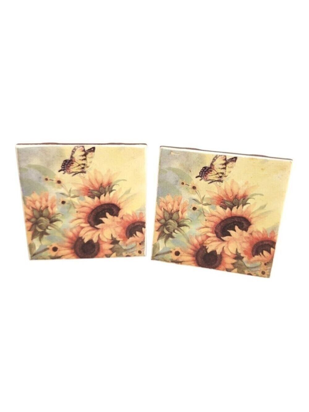 Sunflower & Butterfly Decorative Ceramic Coasters With Cork Backing 4.25 x 4.25